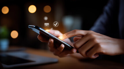 Online payment with digital marketing faceless smartphone with banking interface defocused approved payment background credit card processing network connection icons business