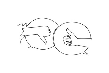 two hands with like and dislike gestures. Social media communication and discussion. Online feedback. Product rating concept. Single line draw design. Vector graphic illustration