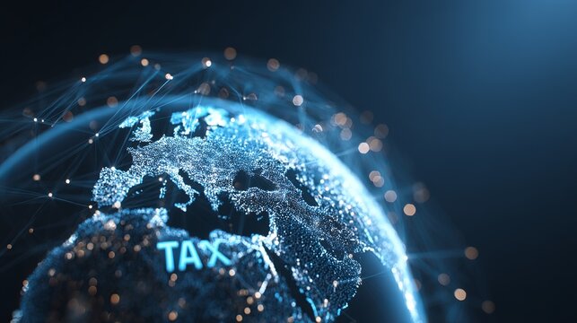 Global tax implications with interconnected network, finance concept and global economy implications with a digital world map and bright connections