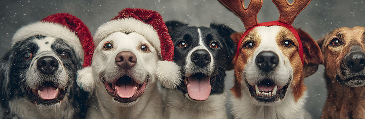 Banner five dogs celebrating christmas holidays wearing a red santa claus hat, reindeer antlers and red present ribbon. Isolated on gray background