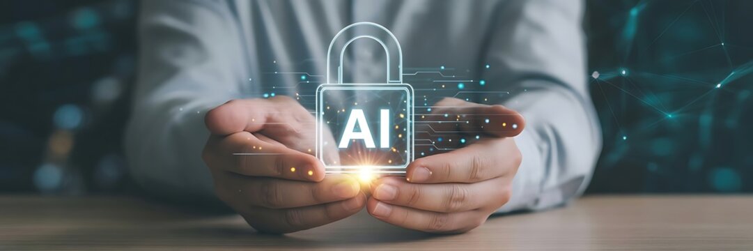 AI security and data protection concept. Businessman holding glowing padlock icon labeled AI. Symbolizing artificial intelligence safety, cybersecurity, privacy and digital protection. - Powered by Adobe