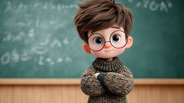 Pensive young boy with glasses and cozy sweater stands thoughtfully before a chalkboard filled with equations, sparking curiosity and a love for learning.