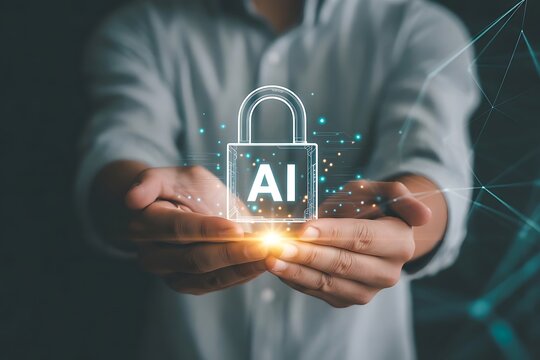 AI security and data protection concept. Businessman holding glowing padlock icon labeled AI. Symbolizing artificial intelligence safety, cybersecurity, privacy and digital protection.