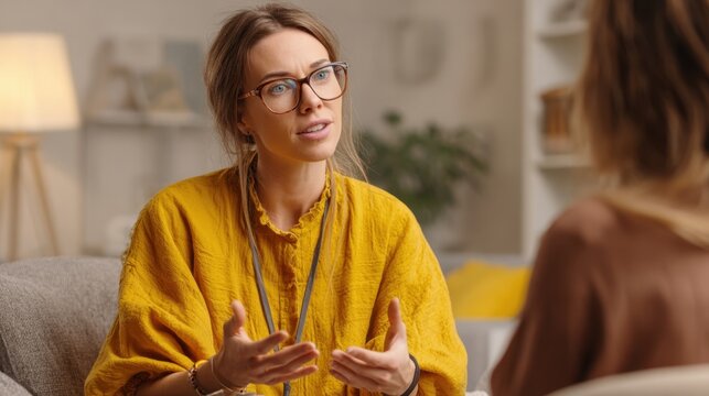 A therapist talks to her client about personal challenges in a warm living room filled with plants and soft lighting. The atmosphere feels supportive and understanding.