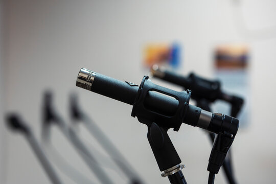Close-up of microphones in a studio. Sound recording.
