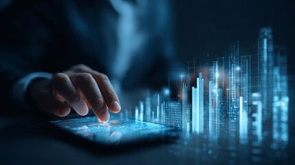 Dynamic digital data visualization flows across a tablet screen, projecting futuristic cityscape graphics with a human hand interacting