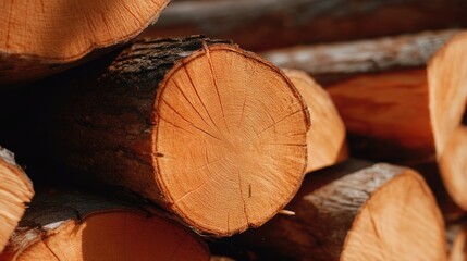 Close-up of cut wooden logs reveals the beautiful texture and growth rings, highlighting the craftsmanship involved in wood processing