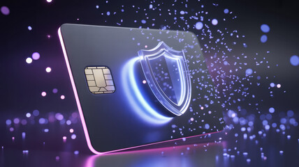 credit card protected by digital shield, cyber security concept, holographic particles, glowing blue and purple light, futuristic fintech protection