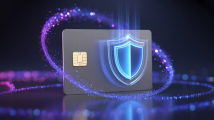 credit card protected by digital shield, cyber security concept, holographic particles, glowing blue and purple light, futuristic fintech protection
