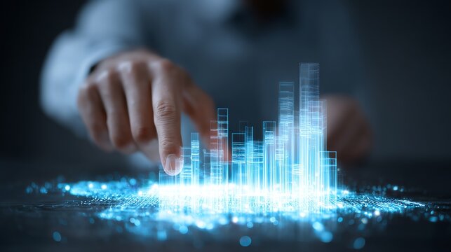 Futuristic analyst interacts with glowing digital city skyline, visualizing data insights and urban development in a dynamic metaverse.