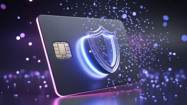 credit card protected by digital shield, cyber security concept, holographic particles, glowing blue and purple light, futuristic fintech protection
 - Powered by Adobe