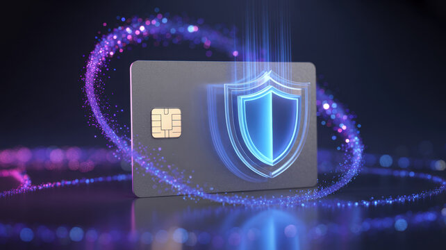 credit card protected by digital shield, cyber security concept, holographic particles, glowing blue and purple light, futuristic fintech protection
