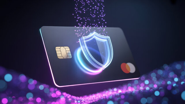 credit card protected by digital shield, cyber security concept, holographic particles, glowing blue and purple light, futuristic fintech protection

