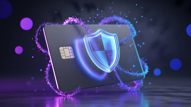 credit card protected by digital shield, cyber security concept, holographic particles, glowing blue and purple light, futuristic fintech protection
