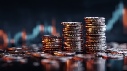 Stacks of shining coins ascend against a blurred stock market chart, symbolizing financial growth, investment success, and economic prosperity in a dynamic business environment.