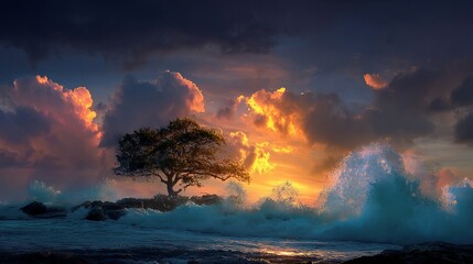 Dramatic sunset paints fiery skies over crashing ocean waves and a lone resilient tree on rocky shore