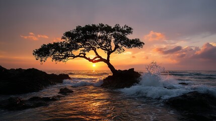 Stunning solitary tree silhouetted against a vibrant, fiery sunset over a dynamic ocean with crashing waves against dark rocks