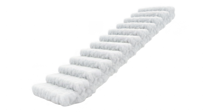 Snowy upward staircase made of soft white fluffy texture, isolated, representing winter progression, ambition, and clean pure ascent isolated on transparent background