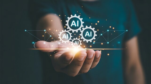 Futuristic technology concept. Artificial intelligence agents with gears and glowing digital network in a human hand. Symbolizing automation, machine learning and advanced technology solutions. A.I