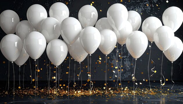 A celebratory arrangement of white balloons floats against a dark textured background with falling gold confetti and glittering highlights creating a festive atmosphere - Powered by Adobe