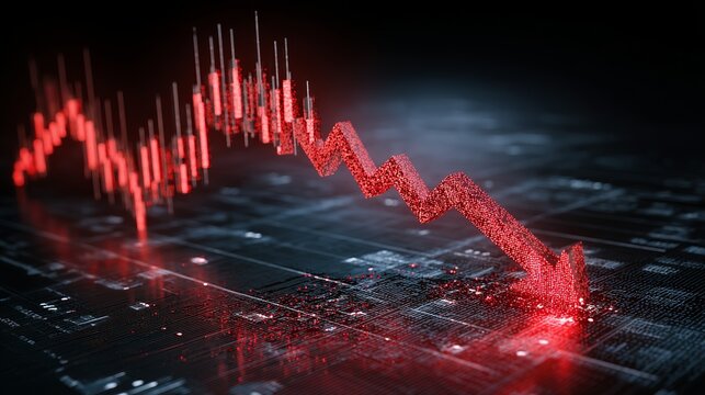 Dynamic 3D downward trending red arrow graph symbolizing financial recession or stock market crash with glowing digital circuit board background