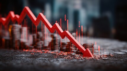 Dramatic red arrow plummets downwards over stacks of coins and stock market graph bars signaling financial crisis and economic recession