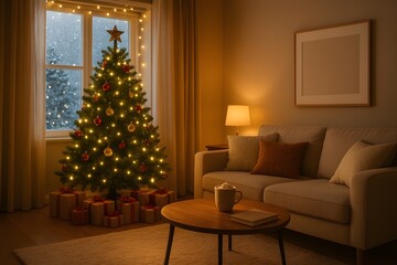 Cozy Christmas Living Room Interior with Glowing Tree, Warm Lights, and Holiday Decorations – Festive Home Winter Background