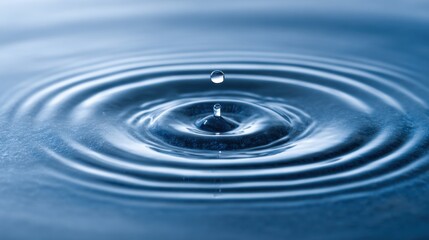 A solitary droplet falls into still water forming delicate ripples that spread outward gracefully.