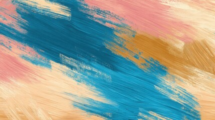 Colorful brush strokes in peach blue and gold create a lively abstract composition full of energy.