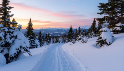 Snowy Mountain Road at Sunset, Winter Landscape with Coniferous Trees and Soft Light