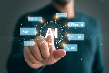 Artificial intelligence concept. Businessman holding magnifying glass focusing on AI agents. Data analysis and digital search. Symbolizing innovation. Technology and smart automation solutions. AI.