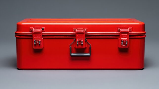A vibrant red metal storage box with strong latches is shown against a gray background. The box highlights its sleek design and sturdy construction, ideal for organizing items.
