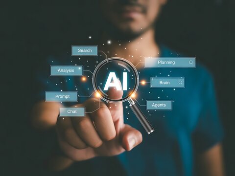 Artificial intelligence concept. Businessman holding magnifying glass focusing on AI agents. Data analysis and digital search. Symbolizing innovation. Technology and smart automation solutions. AI.