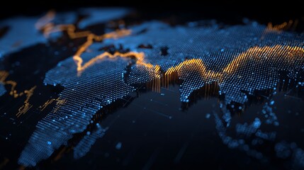Dynamic digital global data visualization with glowing orange and blue interconnected networks illustrating financial growth and technological advancement