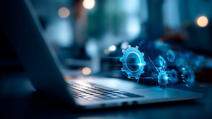 AI automation workflow with data processing system faceless laptop interface defocused gears and coding flow background artificial intelligence backend automation pipeline sma