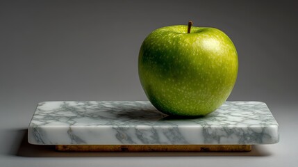 Vibrant green apple rests elegantly on a cool marble slab, offering a fresh, healthy, and sophisticated visual for food and wellness content.