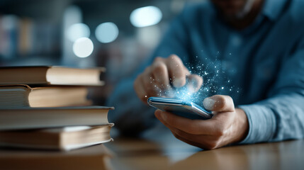 Faceless AI assistant on smartphone managing multimedia content defocused books music video images background knowledge organization interface artificial intelligence