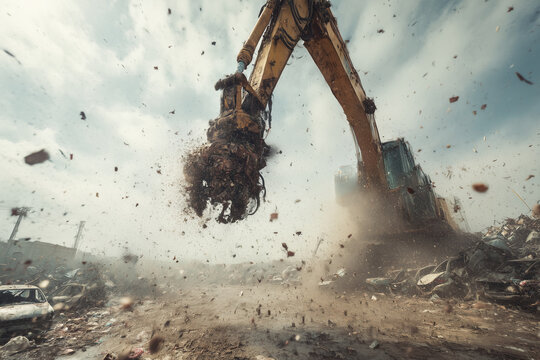 Powerful industrial excavator demolishing metal debris at scrapyard, dynamic cinematic photo showing heavy machinery, dust and flying particles, symbol of destruction and industrial power
