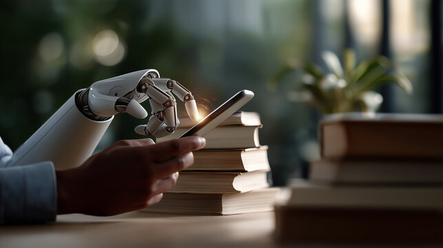 Faceless AI assistant on smartphone managing multimedia content defocused books music video images background knowledge organization interface artificial intelligence - Powered by Adobe