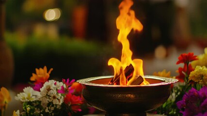 A fire pit lit with traditional Indian candles as part of a Hindu temple ceremony.