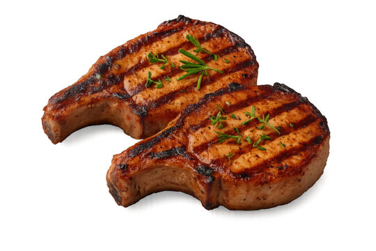 Grilled pork chop with bone and crispy char marks, cooking barbecue meat for dinner, transparent background