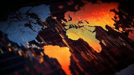 Dynamic digital world map displays global data streams with vibrant orange and blue hues, showcasing interconnectedness and information flow for modern business strategies.