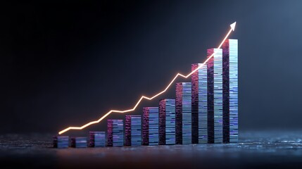 Dynamic bar graph with vibrant trending line chart showcases explosive growth and financial success in a modern, abstract setting