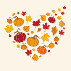 Heart-shaped autumn design with colorful fall leaves and pumpkins. Thanksgiving harvest season illustration.