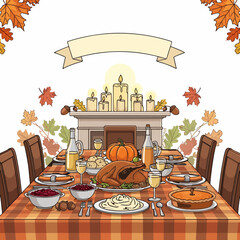 Festive Thanksgiving Dinner Table Illustration with Turkey, Pie, Candles, and Autumn Leaves