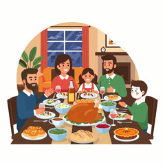 Happy family enjoying a festive holiday dinner at home with roasted turkey and pie. Celebration meal.