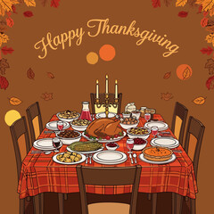 Happy Thanksgiving Dinner Table with Turkey, Autumn Leaves, and Festive Food Illustration