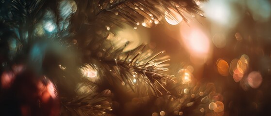 Fototapeta premium Bokeh lights shine softly through festive greenery