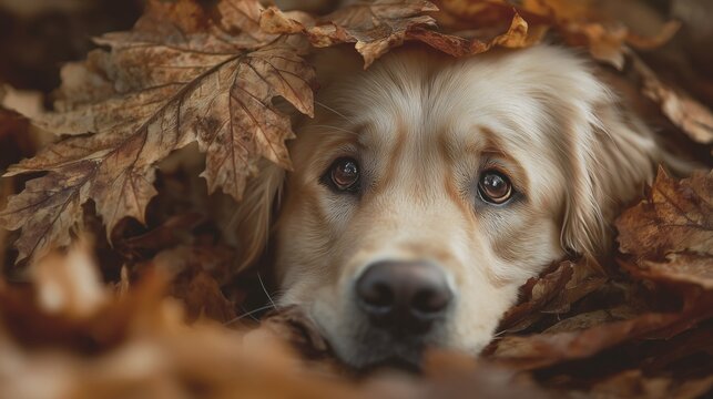 Golden Retriever Resting Among Autumn Leaves - Powered by Adobe