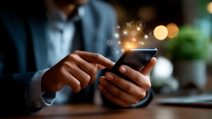 Faceless businessman using smartphone for digital payment defocused fintech icons background secure online shopping interface e commerce transaction processing mobile banking